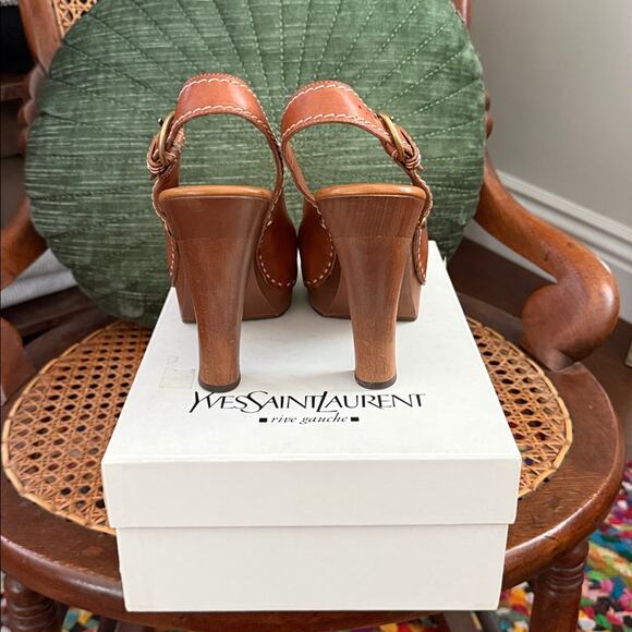 Vintage 90s YSL Cognac Leather Ebene 90 Apache Whipstitch Slingback Heels - Picture 2 of 9